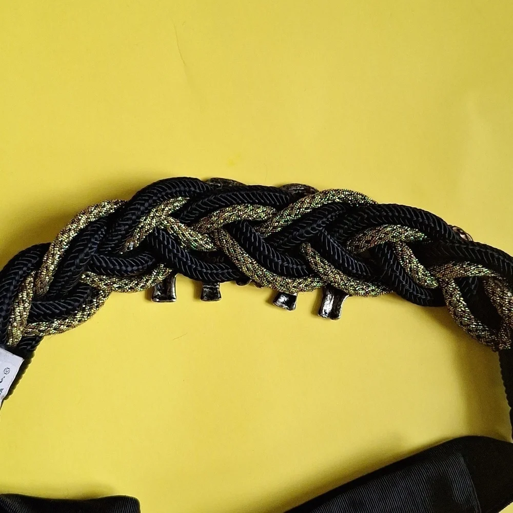 Vintage Carolyn Tanner Elephant Statement Belt – Black & Gold Braided Adjustable